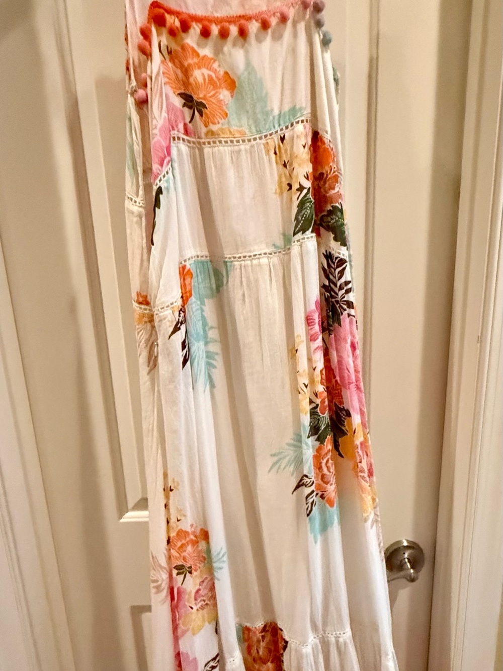 Floral White Tiered Maxi Dress with Pink & Orange Blooms - Picture 10 of 15